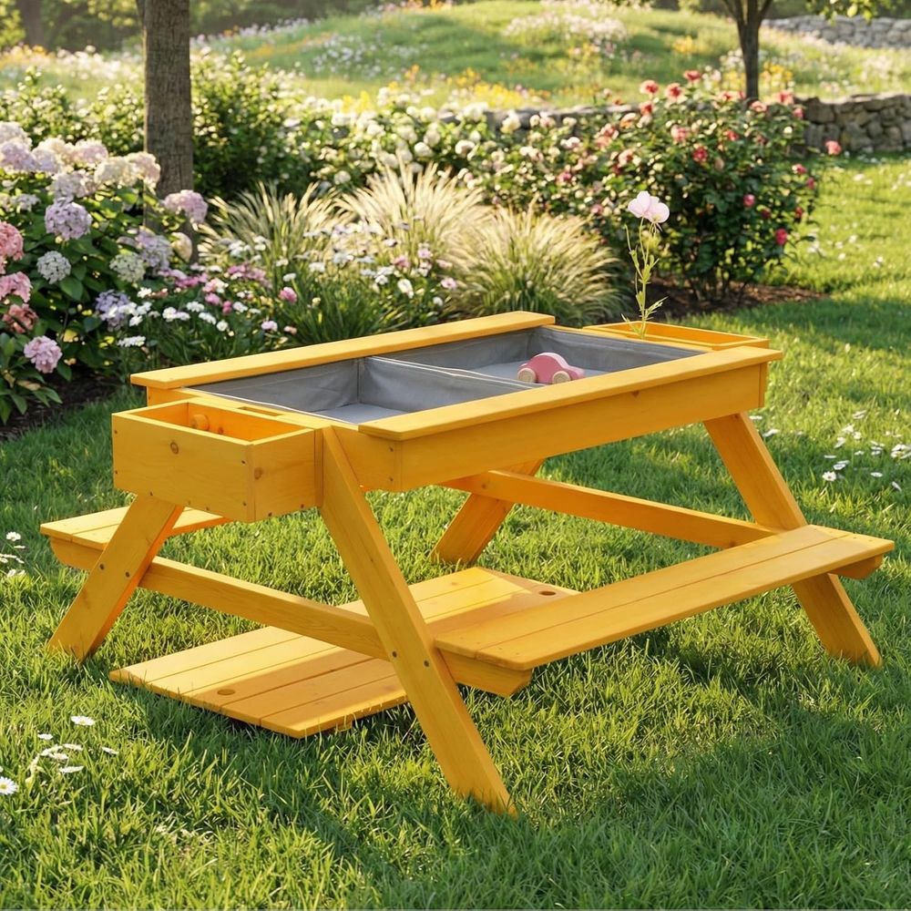 Dual-Function Wooden Picnic an - Kids Outdoor Sensory Table recension och pris